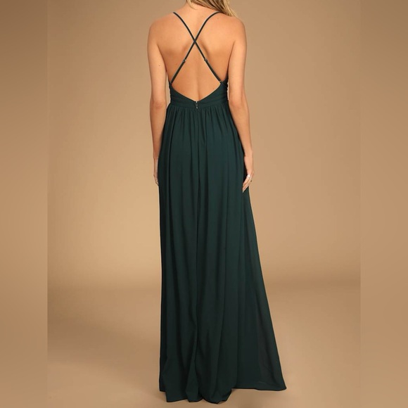 Lulus Forest Green Chiffon Maxi Dress Pleated V Neck Strappy Back NWT Size M - Picture 2 of 8
